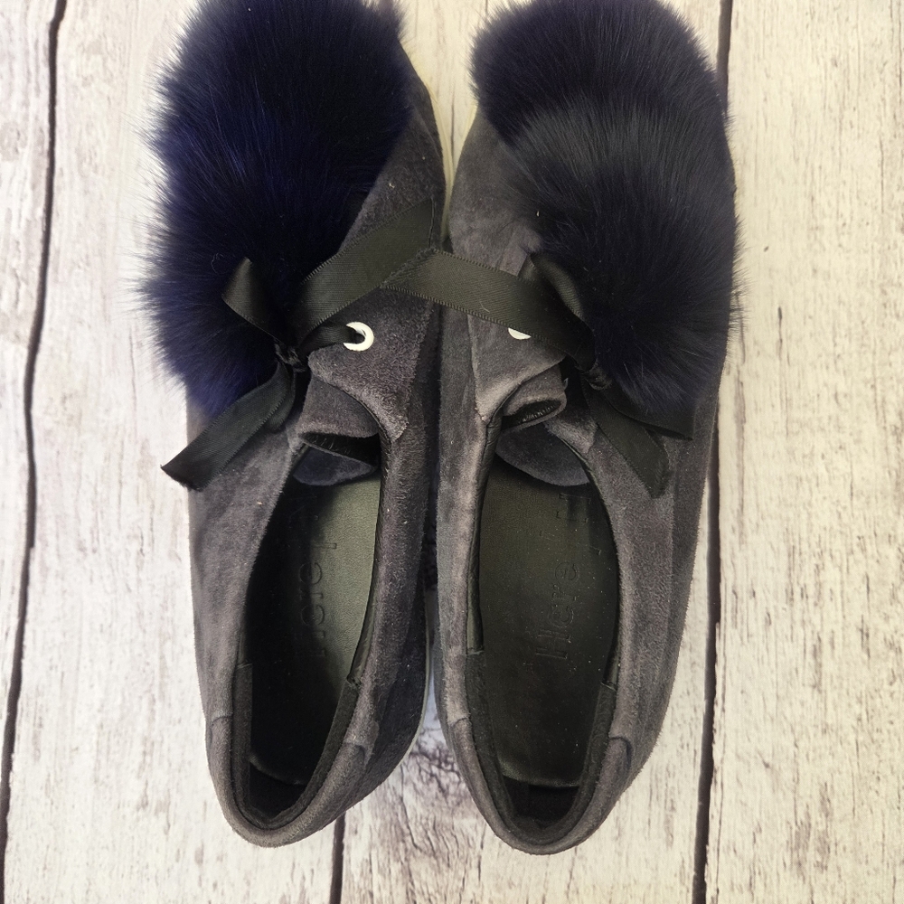 HERE / NOW Grey Suede Pom Pom Sneakers - Navy Fur - Size 38